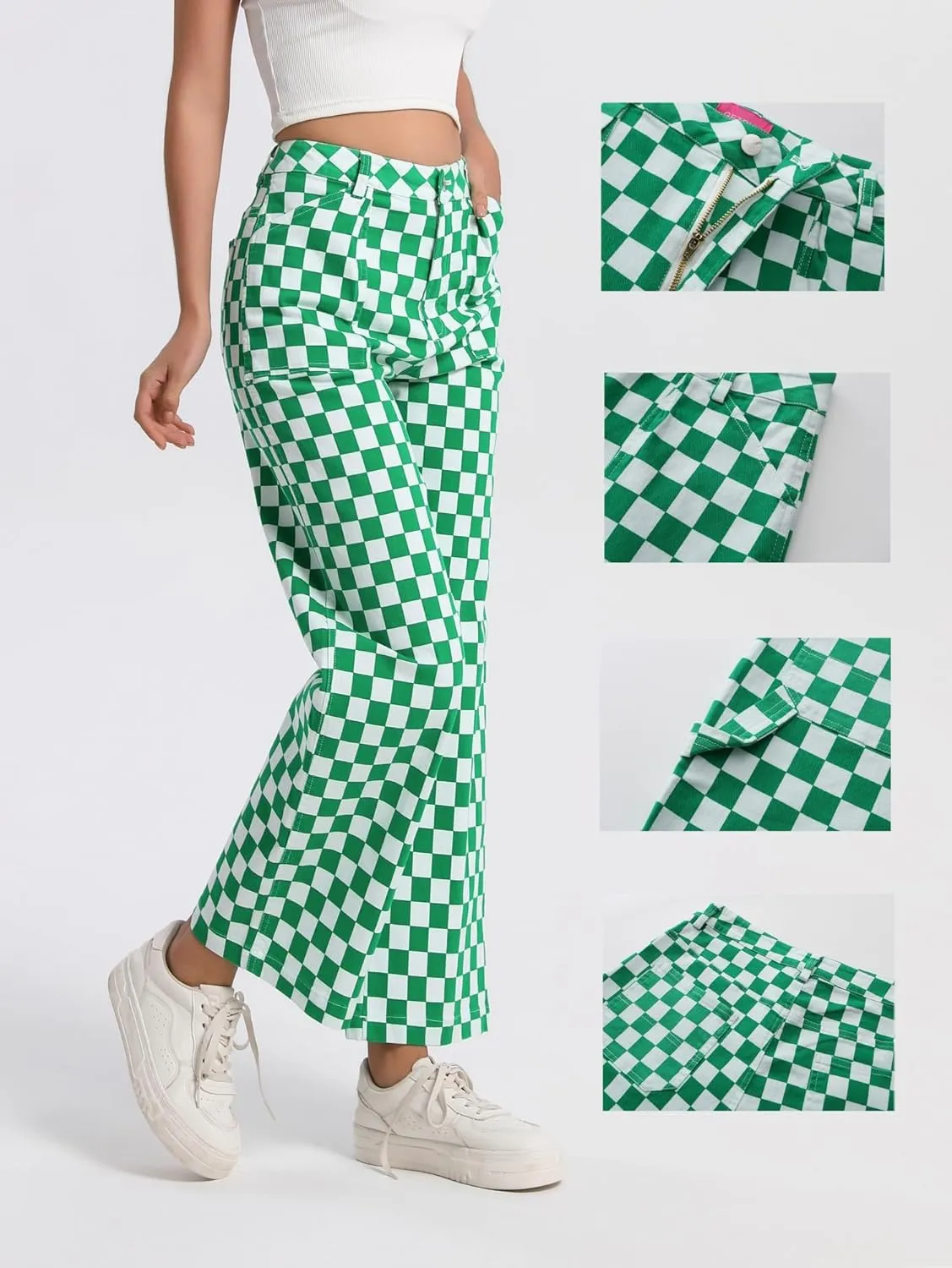 Womens Checkered Pants High Waisted Straight Wide Leg Gingham Baggy Jeans Trousers with Pockets