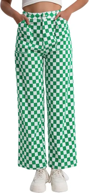 Womens Checkered Pants High Waisted Straight Wide Leg Gingham Baggy Jeans Trousers with Pockets