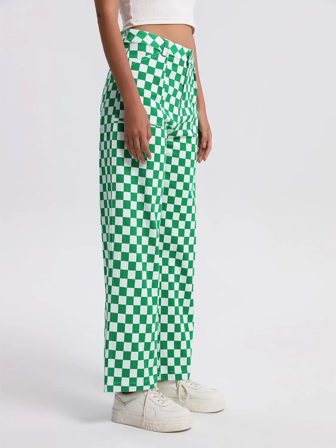 Womens Checkered Pants High Waisted Straight Wide Leg Gingham Baggy Jeans Trousers with Pockets