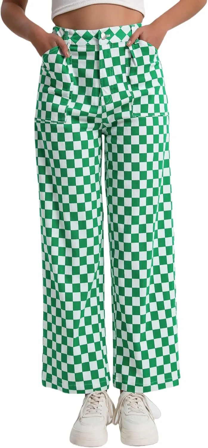 Womens Checkered Pants High Waisted Straight Wide Leg Gingham Baggy Jeans Trousers with Pockets
