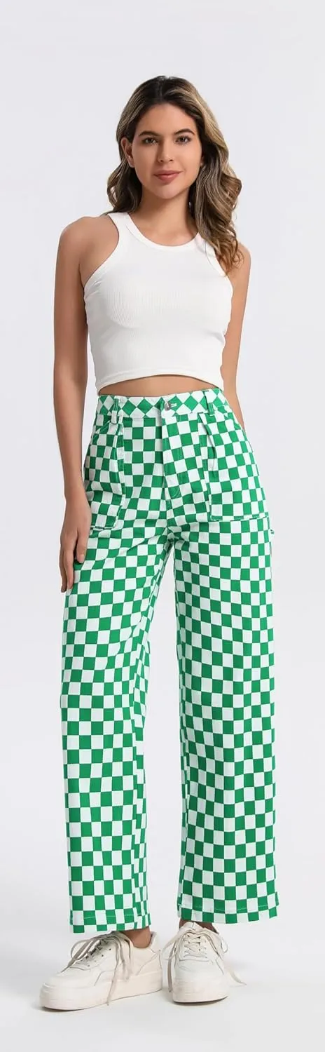 Womens Checkered Pants High Waisted Straight Wide Leg Gingham Baggy Jeans Trousers with Pockets