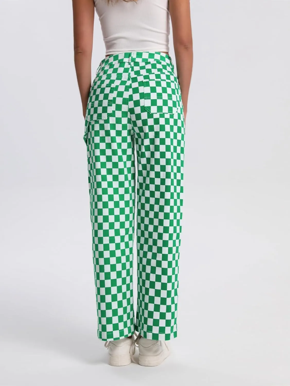 Womens Checkered Pants High Waisted Straight Wide Leg Gingham Baggy Jeans Trousers with Pockets