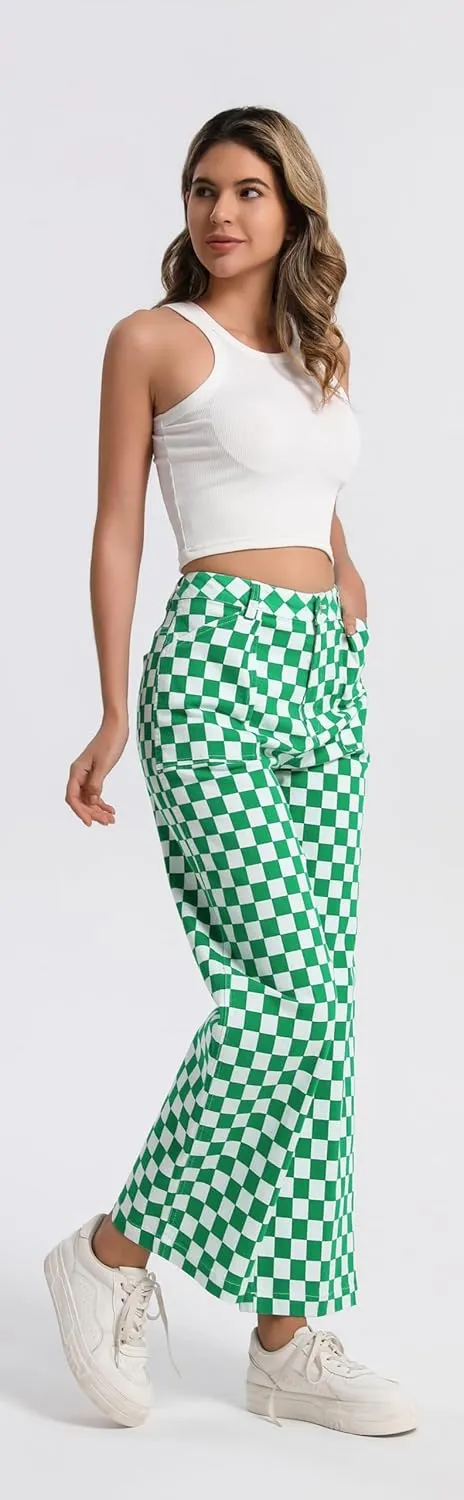 Womens Checkered Pants High Waisted Straight Wide Leg Gingham Baggy Jeans Trousers with Pockets