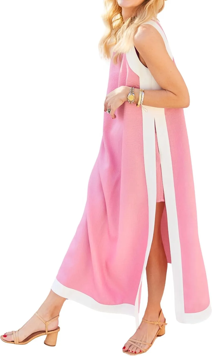 Womens Color Block Maxi Dress 2 Piece Matching Shorts Sets Summer Bohemian Sleeveless Long Dresses with Pockets