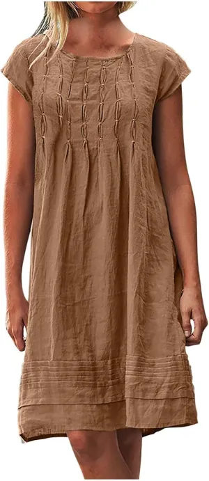 Women's Cotton Linen Midi Dress Plus Size Cap Sleeve Pleated Summer Dresses Vacation Crew Neck Casual Dress