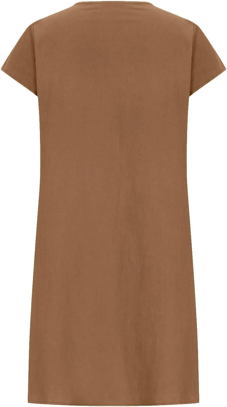 Women's Cotton Linen Midi Dress Plus Size Cap Sleeve Pleated Summer Dresses Vacation Crew Neck Casual Dress