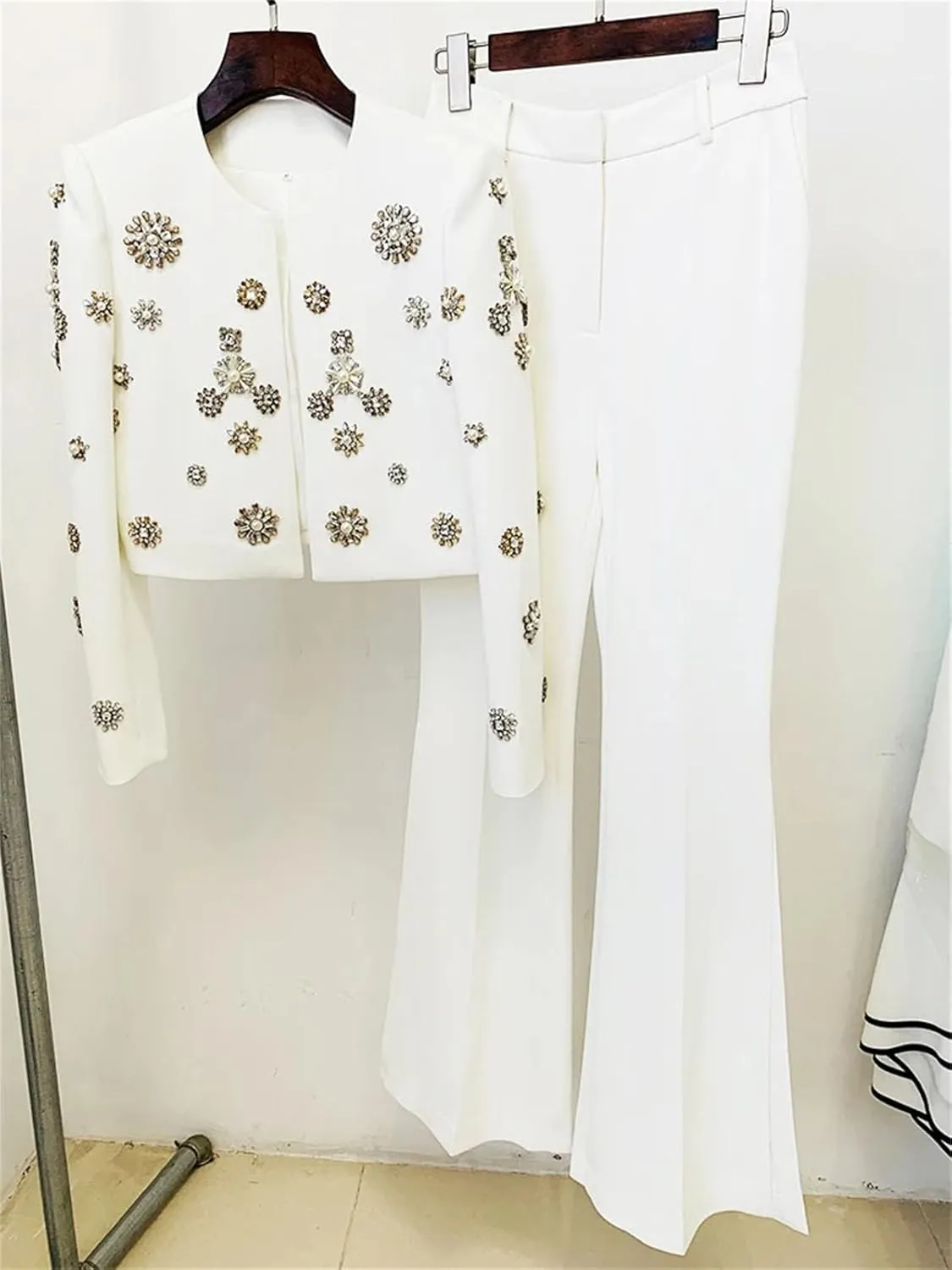 Women's Crystal-Edged Dinner Suits, high-Slit Flared Pants Party Dress Suits