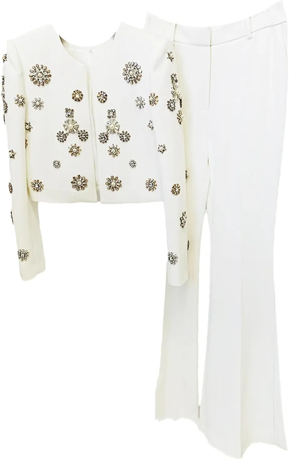 Women's Crystal-Edged Dinner Suits, high-Slit Flared Pants Party Dress Suits