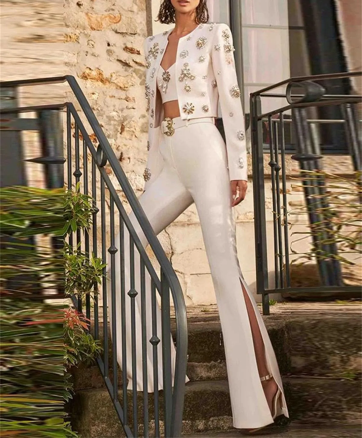 Women's Crystal-Edged Dinner Suits, high-Slit Flared Pants Party Dress Suits