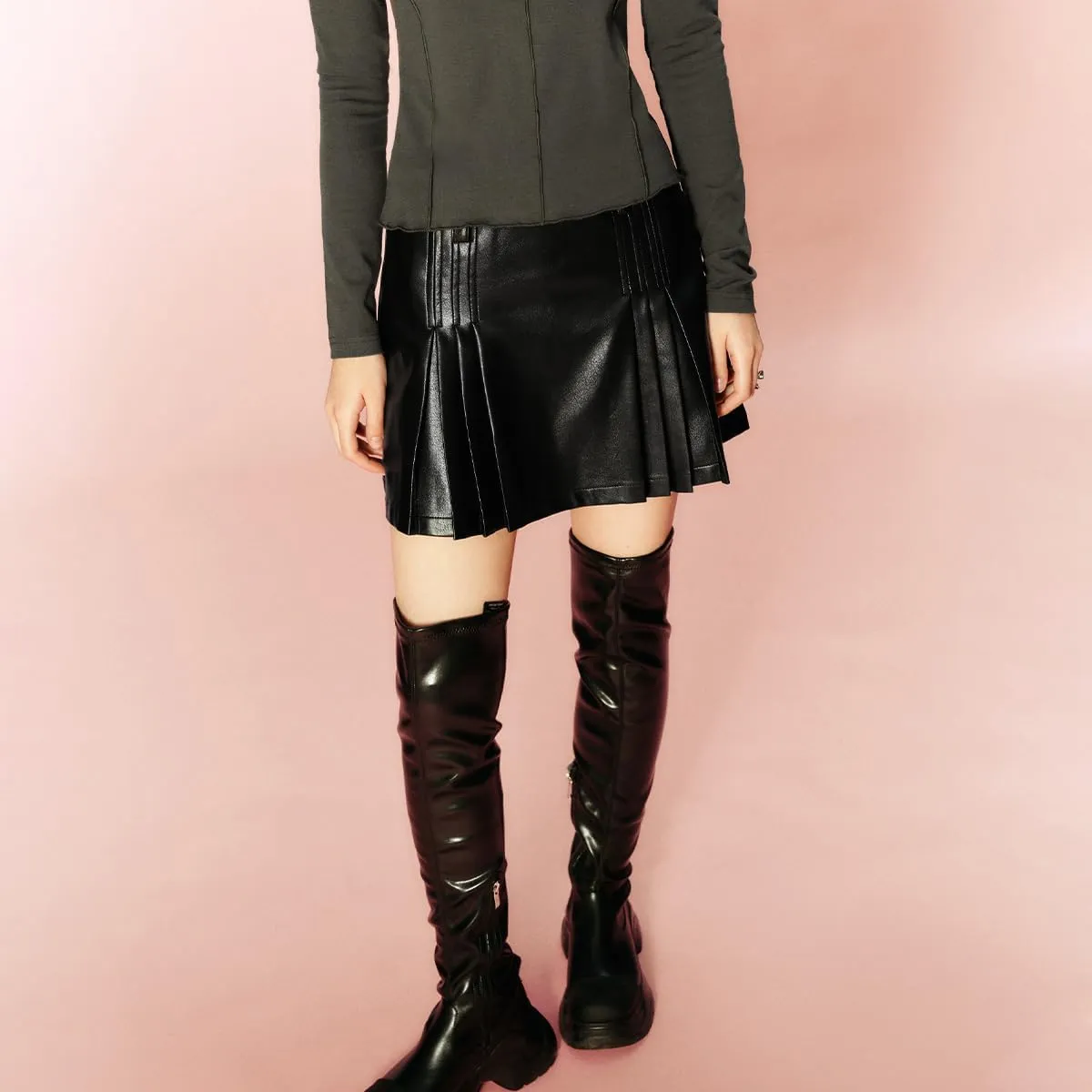Womens Girl High Waisted Pleated Leather Skirt A-Line Skater Skirts 2025