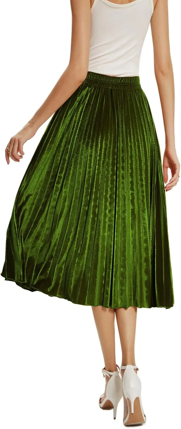 Women's High Elastic Waist Velvet A Line Pleated Swing Midi Skirt