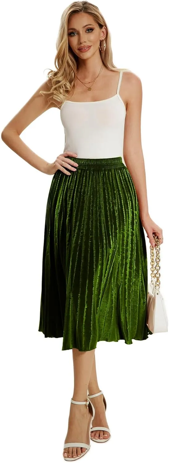 Women's High Elastic Waist Velvet A Line Pleated Swing Midi Skirt