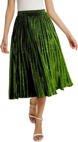 Women's High Elastic Waist Velvet A Line Pleated Swing Midi Skirt