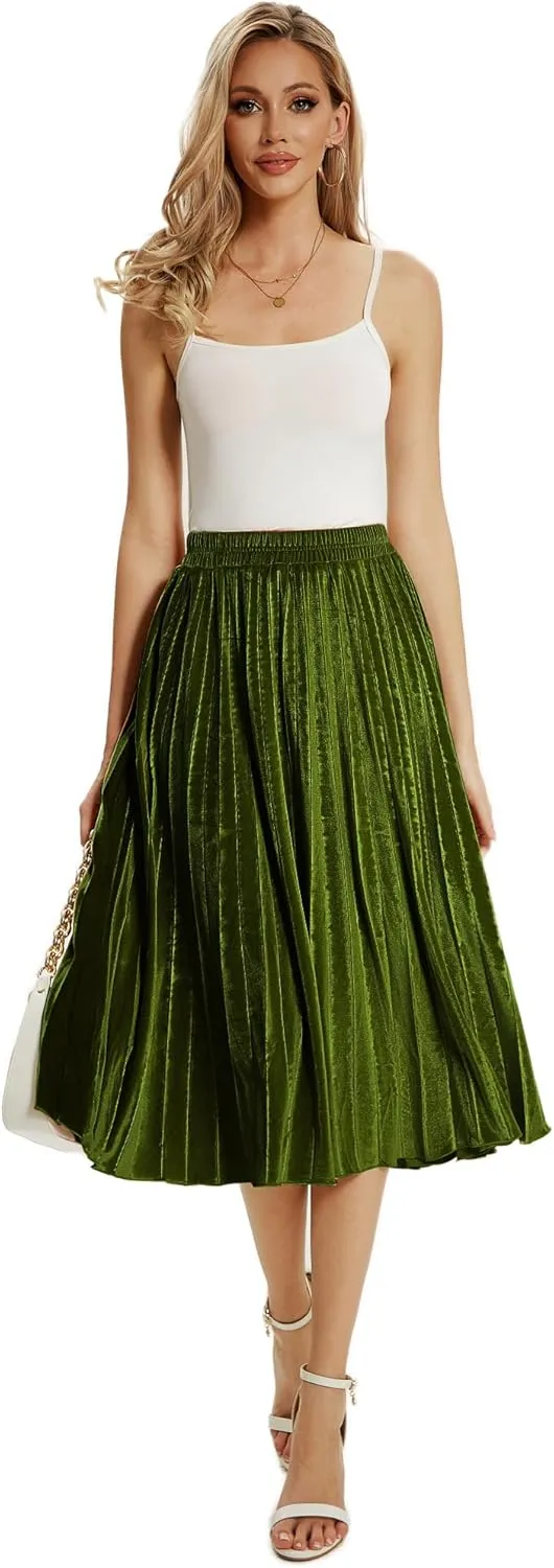 Women's High Elastic Waist Velvet A Line Pleated Swing Midi Skirt