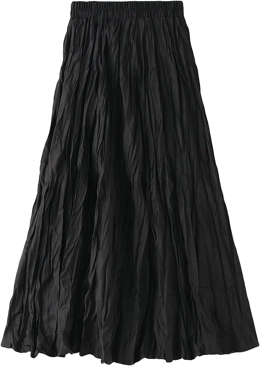 Women's Long Skirt High Waist Elastic Pleated Skirt Ballet Wedding Prom Party A-Line Casual Swing Midi Skirt