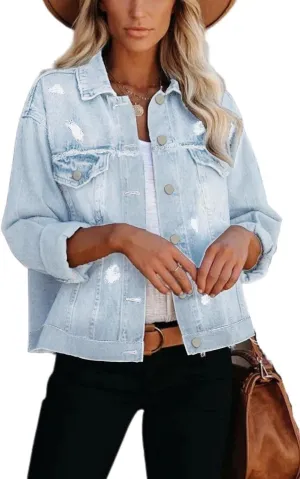 Womens Long Sleeve Washed Button Down Basic Denim Jacket With Pockets