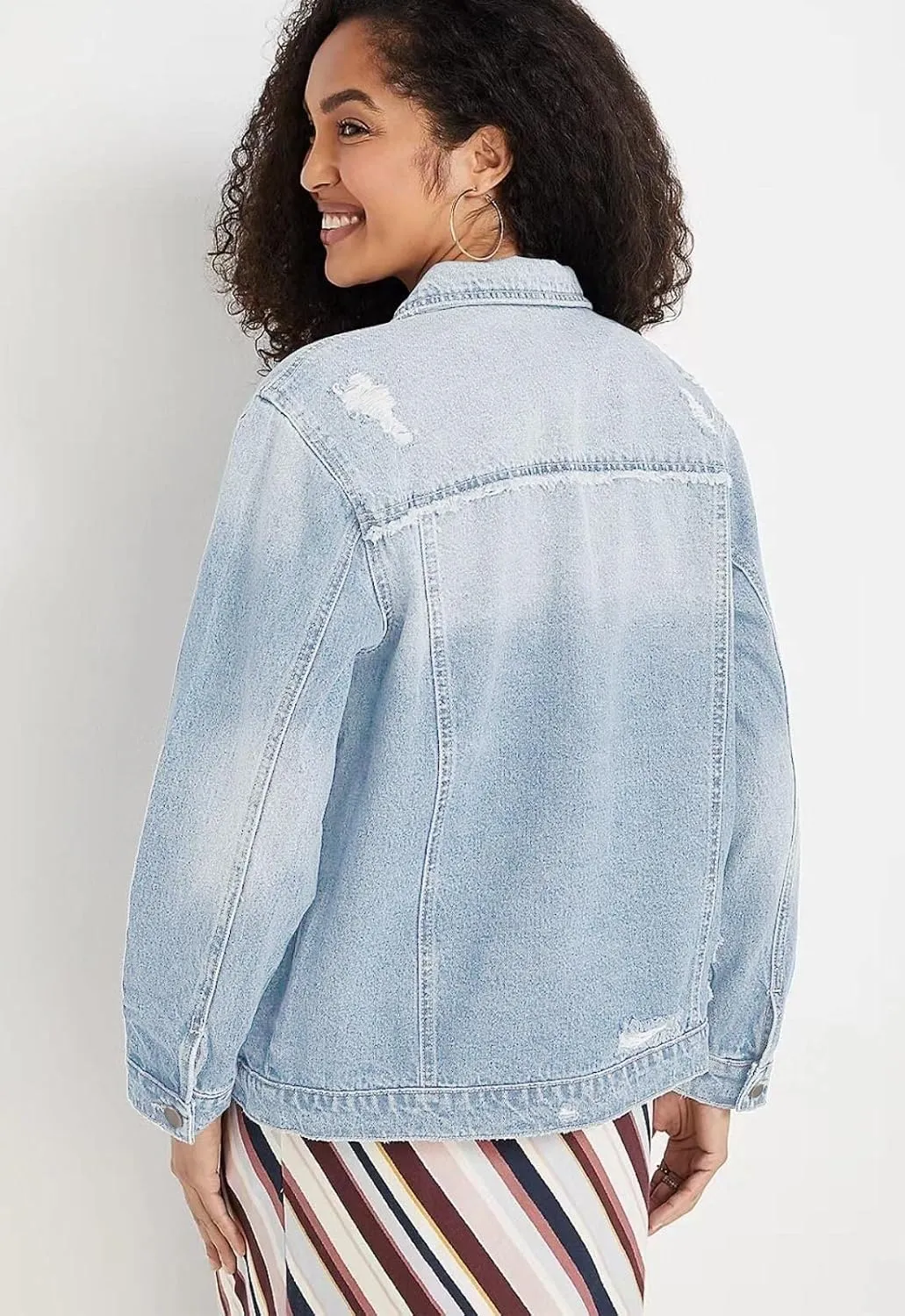 Womens Long Sleeve Washed Button Down Basic Denim Jacket With Pockets
