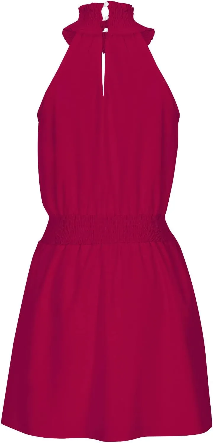 Womens Mock Neck Cutout Elastic Waist Casual Mini Dresses Summer Solid Business Dress Sleeveless Short Beach Sundress