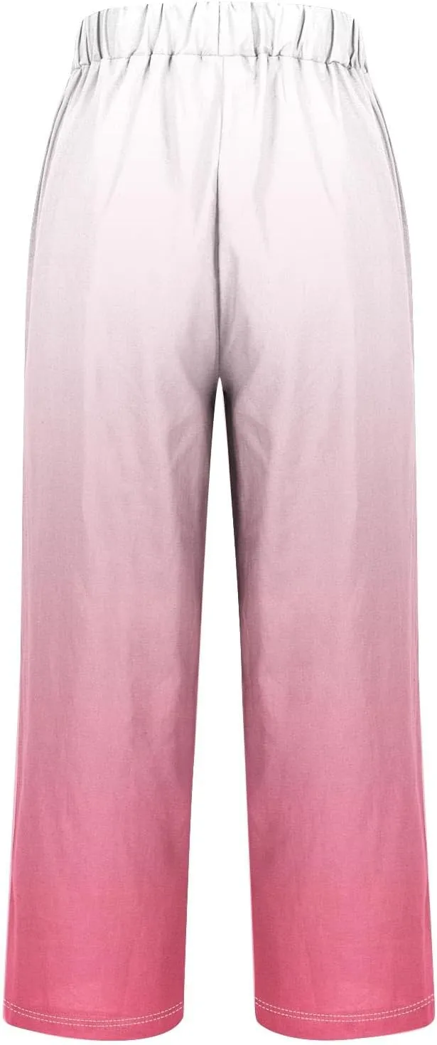 Womens Ombre Color Pants Trendy 2024 Elastic High Waist Straight Leg Pant Loose Casual Summer Aesthetic Beach Trouser