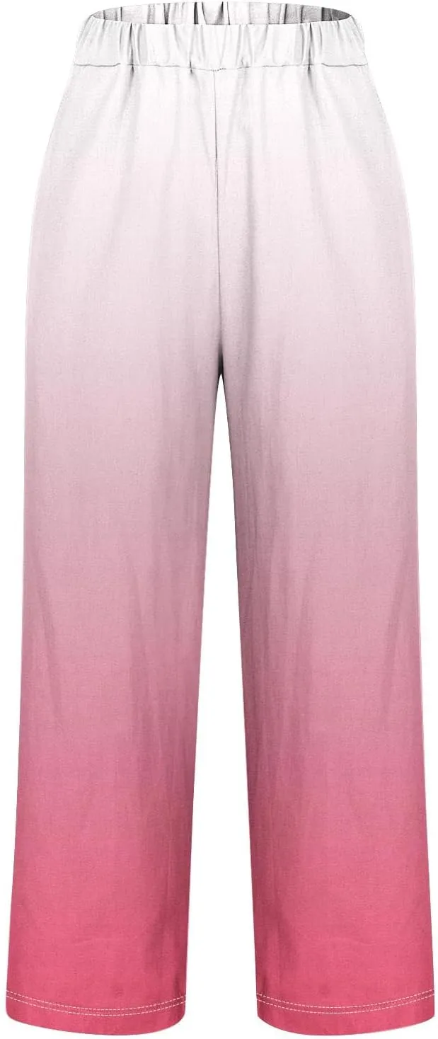 Womens Ombre Color Pants Trendy 2024 Elastic High Waist Straight Leg Pant Loose Casual Summer Aesthetic Beach Trouser