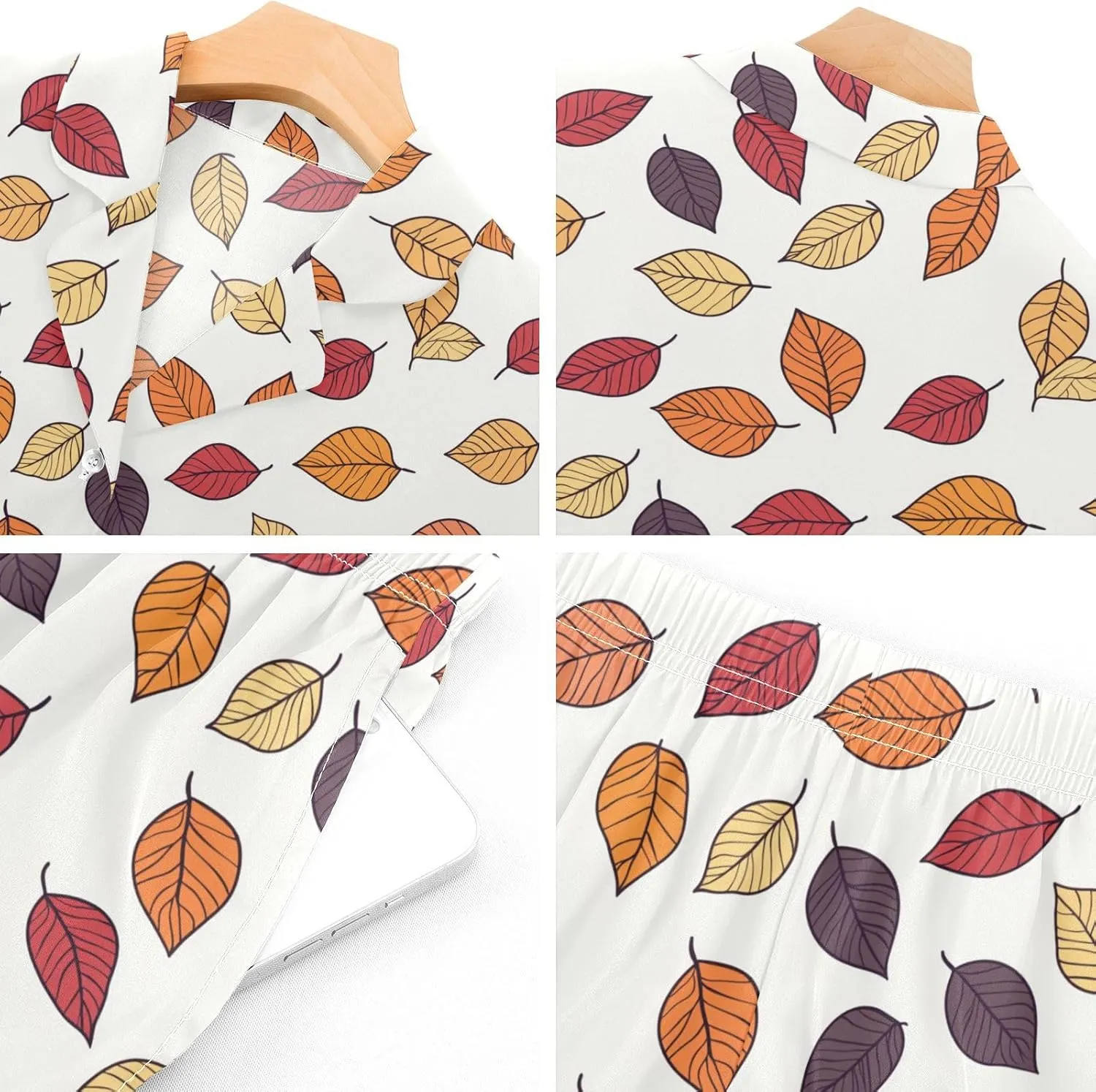 Womens Pajama Set Fall Leaves Short Sleeve Sleepwear Soft Satin Pjs Lounge Sets with Pockets S-XXL