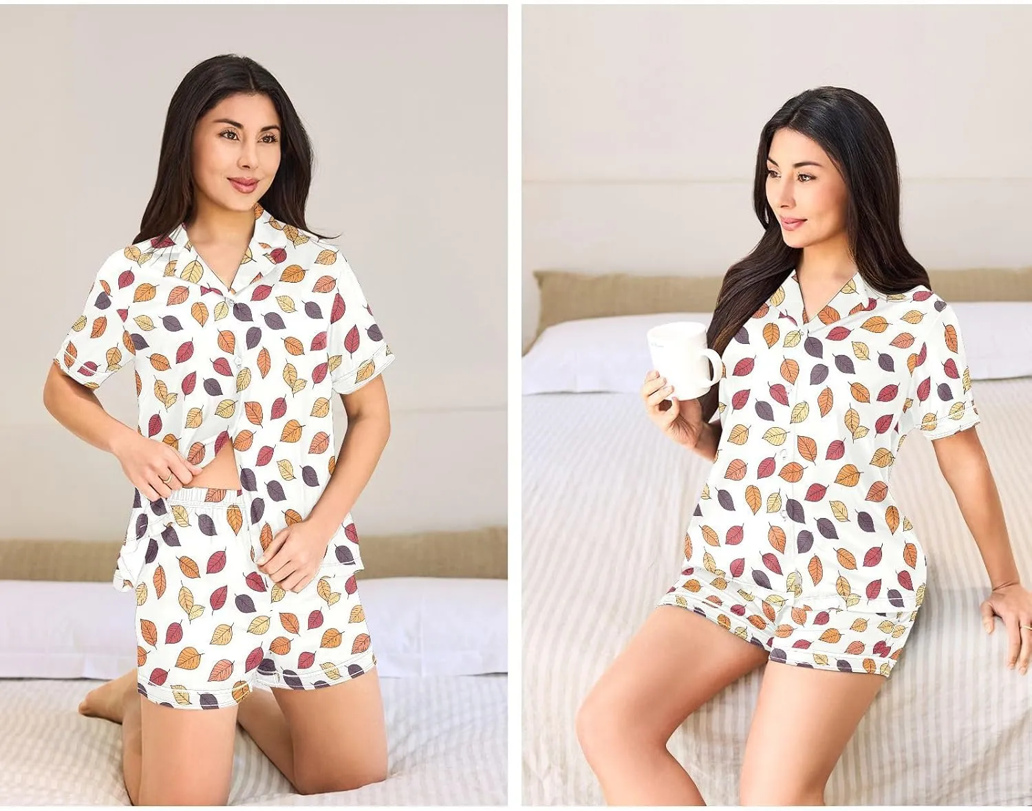 Womens Pajama Set Fall Leaves Short Sleeve Sleepwear Soft Satin Pjs Lounge Sets with Pockets S-XXL