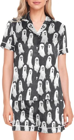 Womens Pajama Set Halloween Ghost Short Sleeve Sleepwear Soft Satin Pjs Lounge Sets with Pockets S-XXL