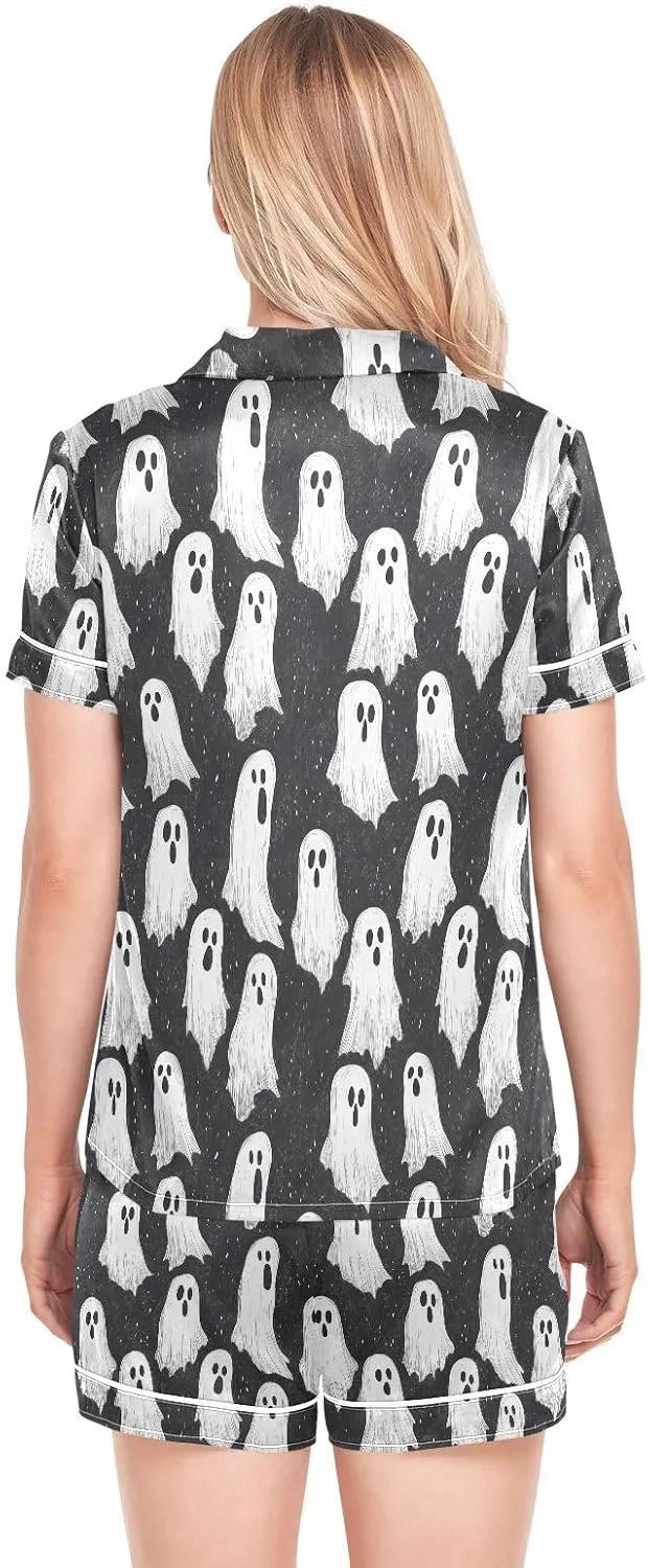 Womens Pajama Set Halloween Ghost Short Sleeve Sleepwear Soft Satin Pjs Lounge Sets with Pockets S-XXL