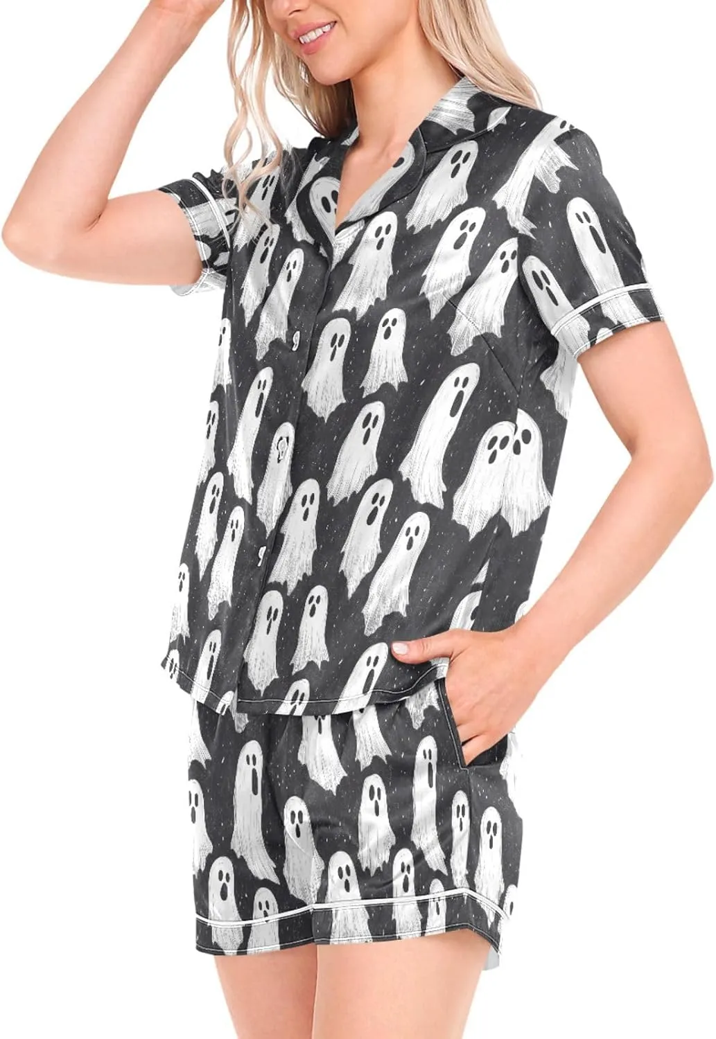 Womens Pajama Set Halloween Ghost Short Sleeve Sleepwear Soft Satin Pjs Lounge Sets with Pockets S-XXL