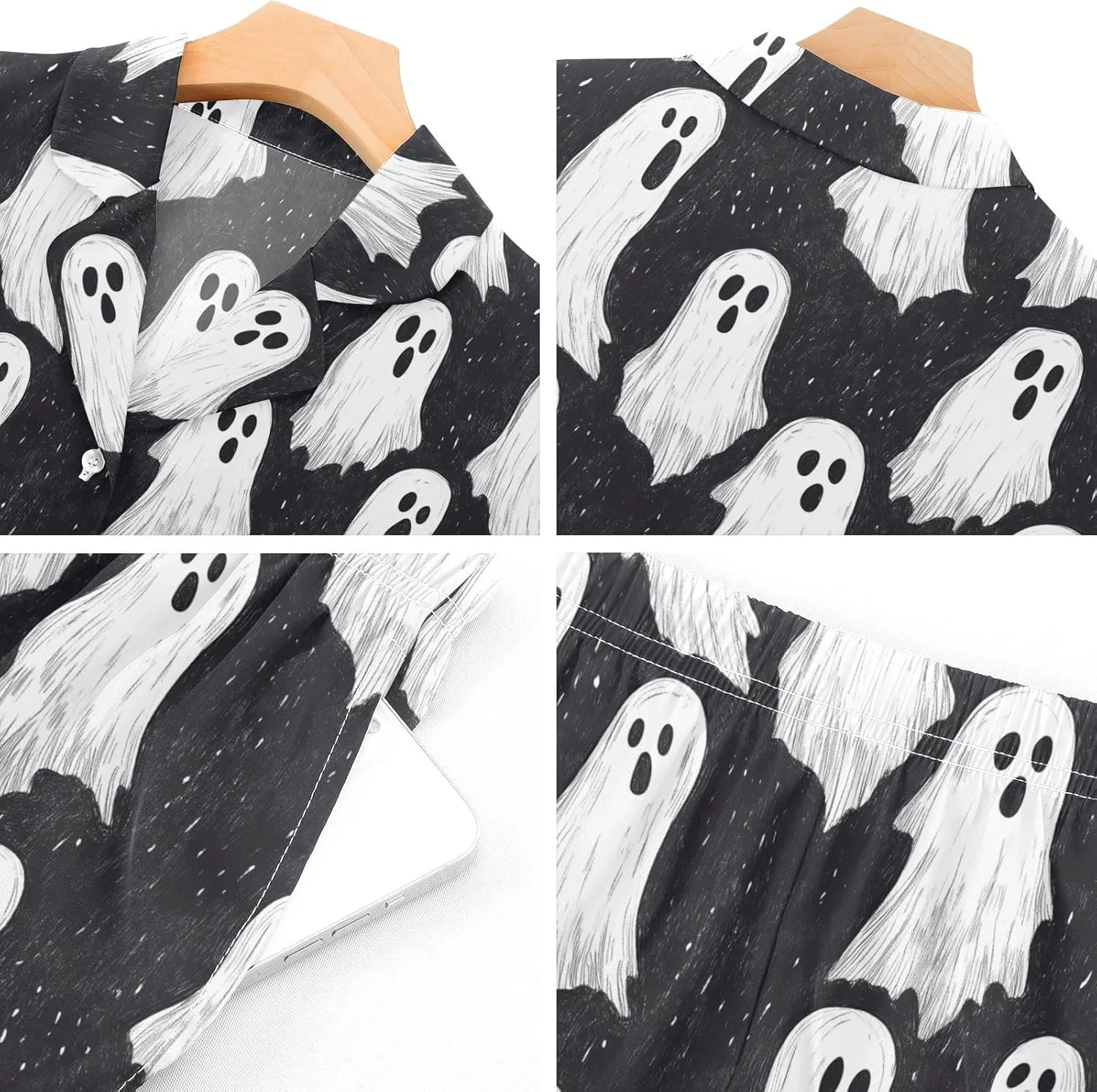 Womens Pajama Set Halloween Ghost Short Sleeve Sleepwear Soft Satin Pjs Lounge Sets with Pockets S-XXL