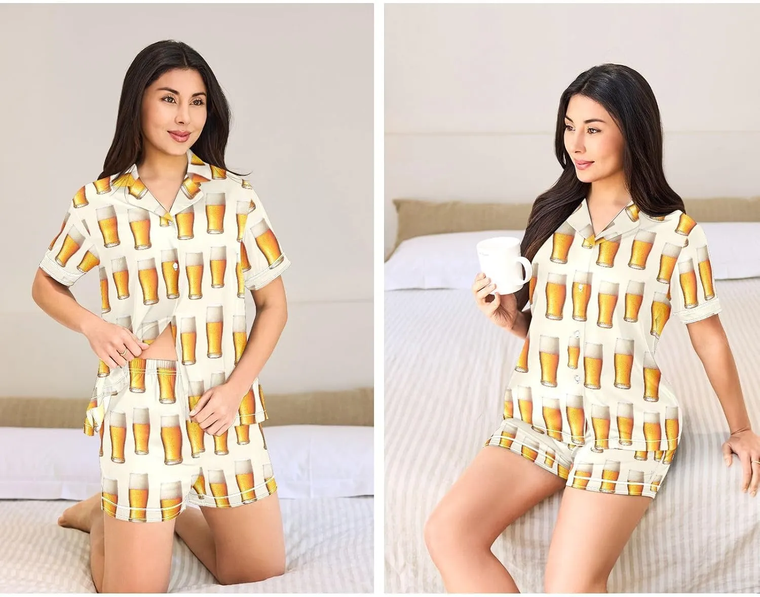 Womens Pajama Set Retro Beer Short Sleeve Sleepwear Soft Satin Pjs Lounge Sets with Pockets S-XXL