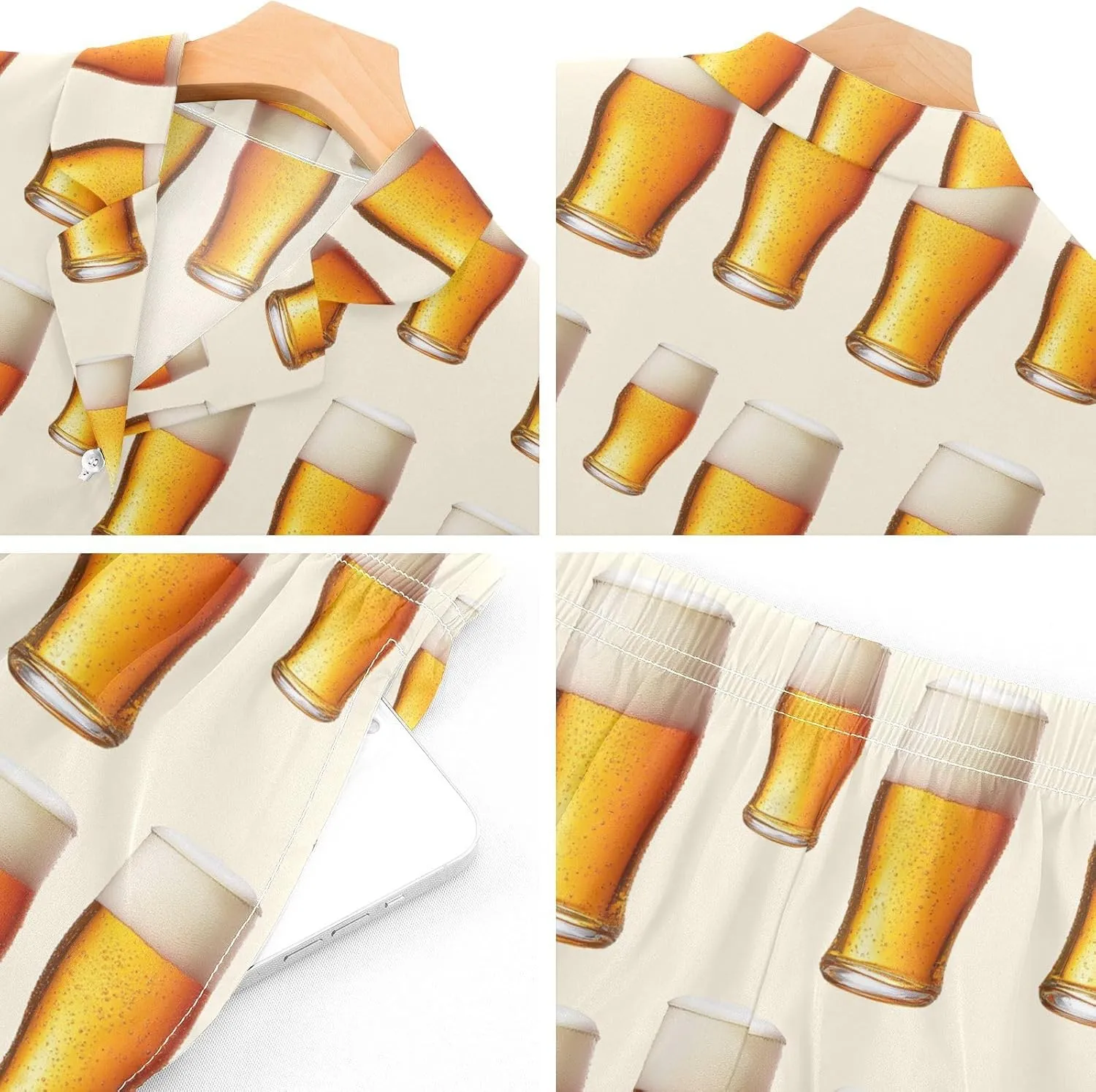 Womens Pajama Set Retro Beer Short Sleeve Sleepwear Soft Satin Pjs Lounge Sets with Pockets S-XXL