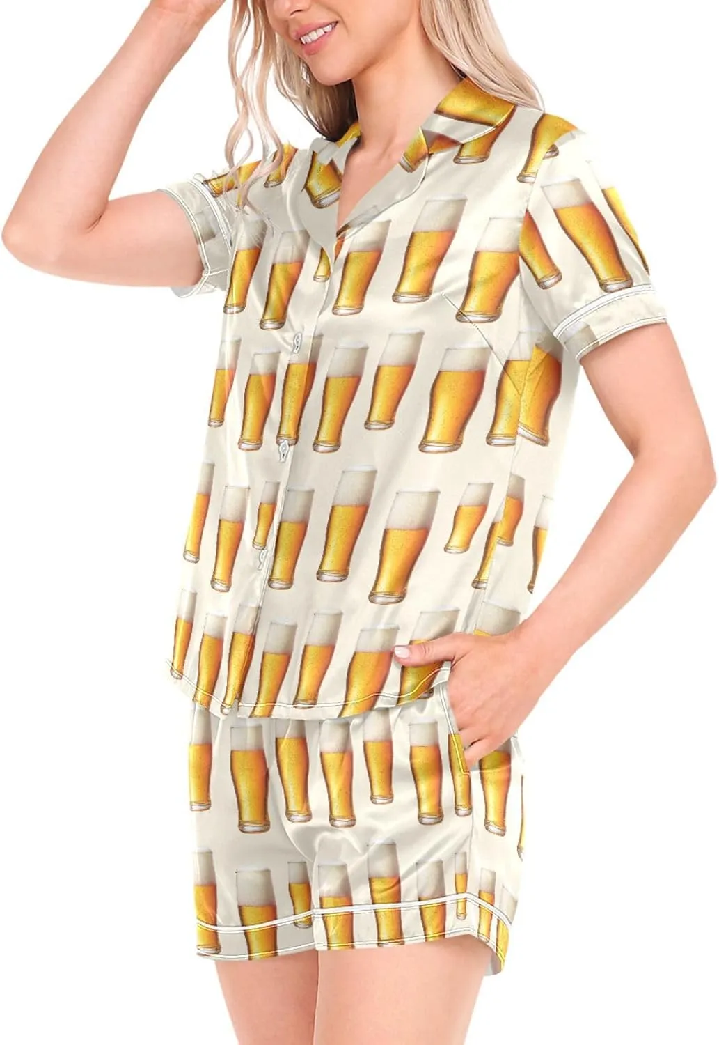Womens Pajama Set Retro Beer Short Sleeve Sleepwear Soft Satin Pjs Lounge Sets with Pockets S-XXL