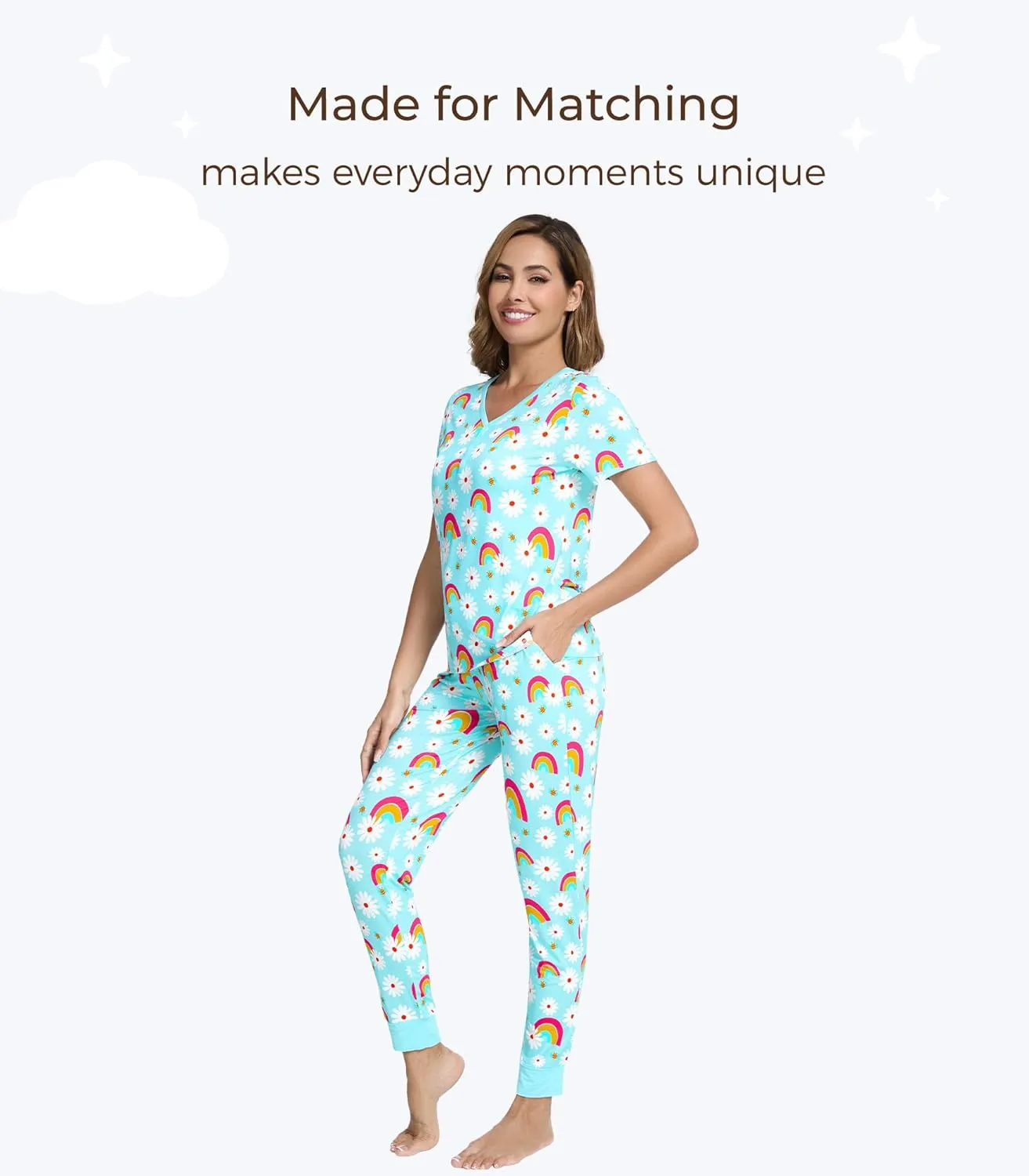 Women's Pajamas Set-Viscose Made from Bamboo, Short Sleeve Sleepwear Top with Jogger Pant Pj Sets V Neck Loungewear