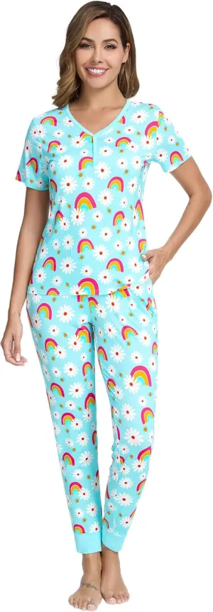 Women's Pajamas Set-Viscose Made from Bamboo, Short Sleeve Sleepwear Top with Jogger Pant Pj Sets V Neck Loungewear