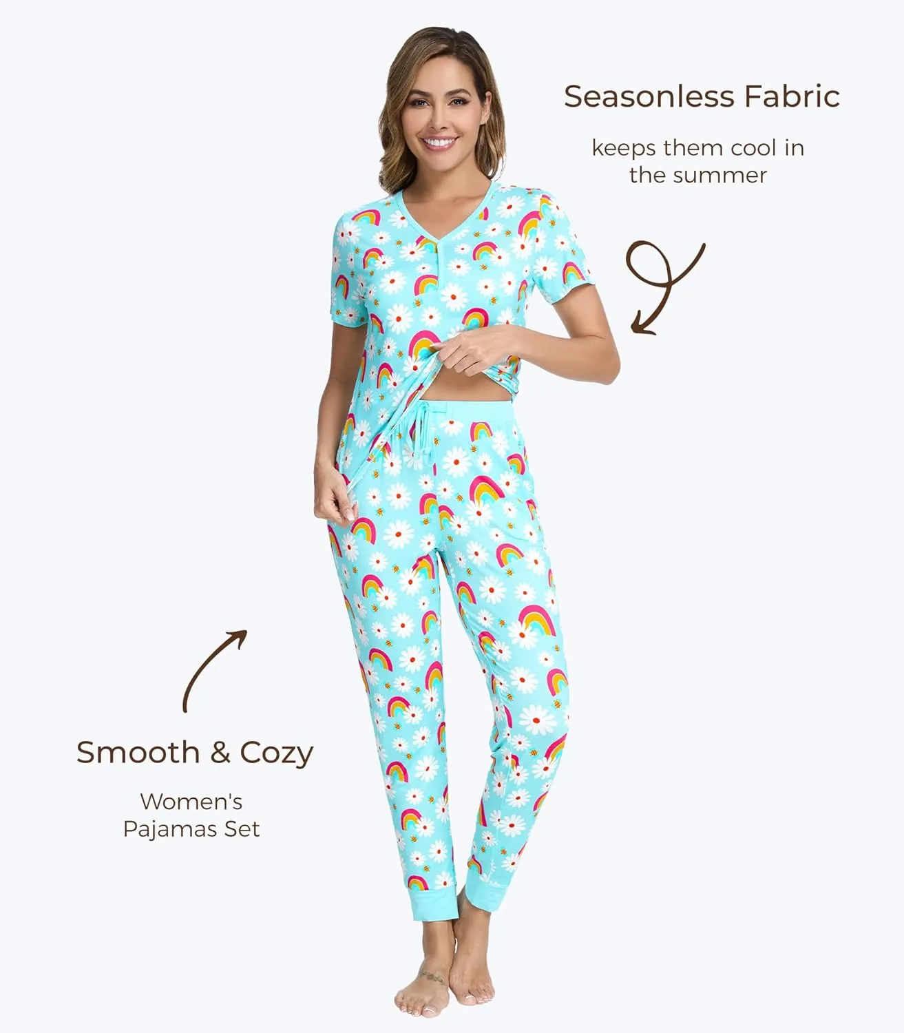 Women's Pajamas Set-Viscose Made from Bamboo, Short Sleeve Sleepwear Top with Jogger Pant Pj Sets V Neck Loungewear