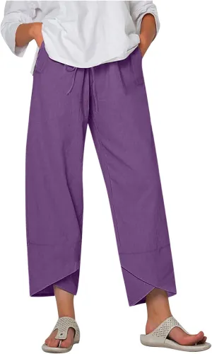 Women's Pants for Summer Fahsion Drawstringg Elastic Wasit Linen Pants Straight Leg Causual Trousers with Pockets