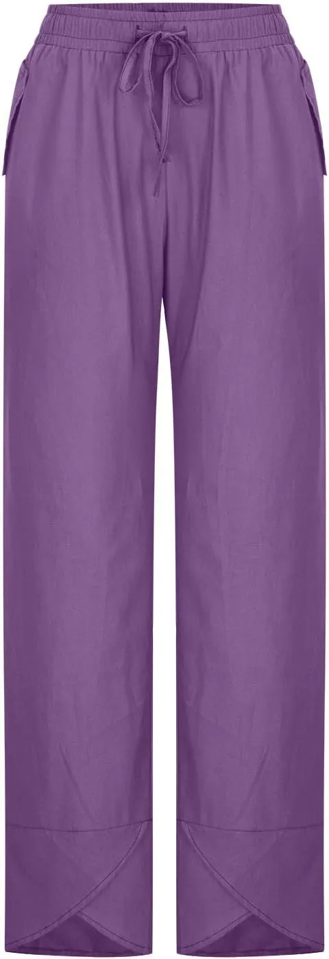 Women's Pants for Summer Fahsion Drawstringg Elastic Wasit Linen Pants Straight Leg Causual Trousers with Pockets