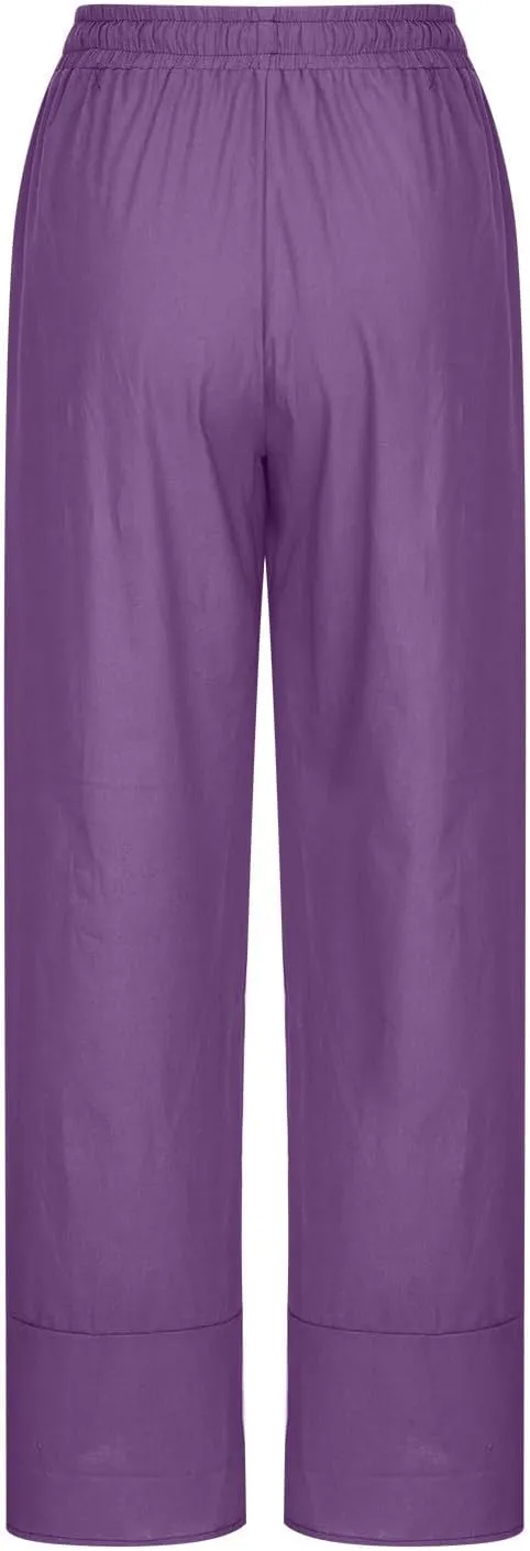 Women's Pants for Summer Fahsion Drawstringg Elastic Wasit Linen Pants Straight Leg Causual Trousers with Pockets