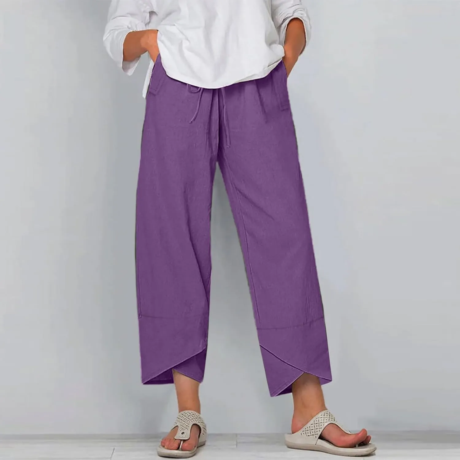 Women's Pants for Summer Fahsion Drawstringg Elastic Wasit Linen Pants Straight Leg Causual Trousers with Pockets