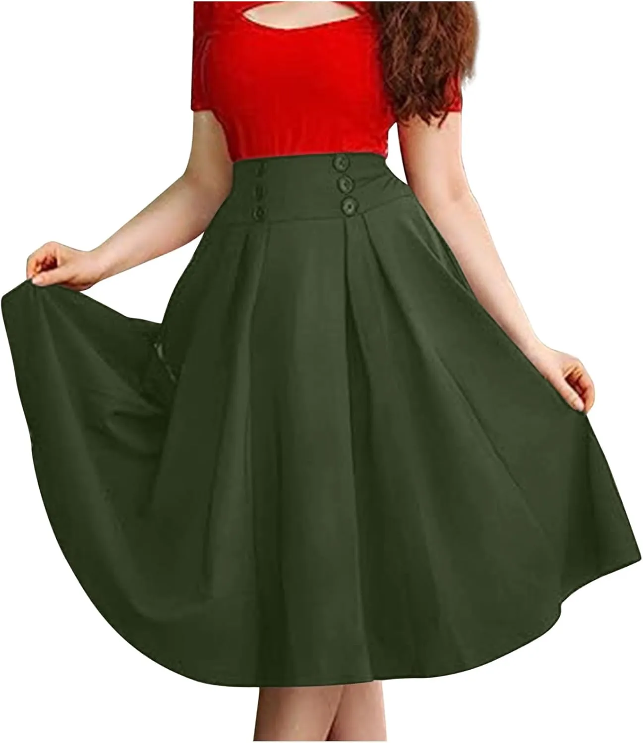 Womens Pleated Skirt High Waist Midi Skirts A Line Vintage Skirts Dressy Casual Button Skirt Elegant Cocktail Skirts