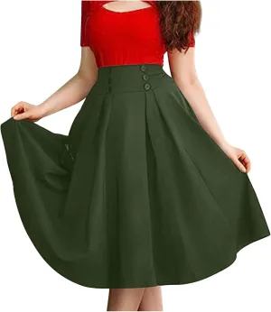 Womens Pleated Skirt High Waist Midi Skirts A Line Vintage Skirts Dressy Casual Button Skirt Elegant Cocktail Skirts