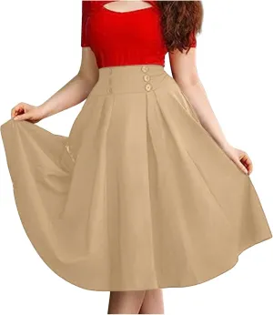 Womens Pleated Skirt High Waist Midi Skirts A Line Vintage Skirts Dressy Casual Button Skirt Elegant Cocktail Skirts