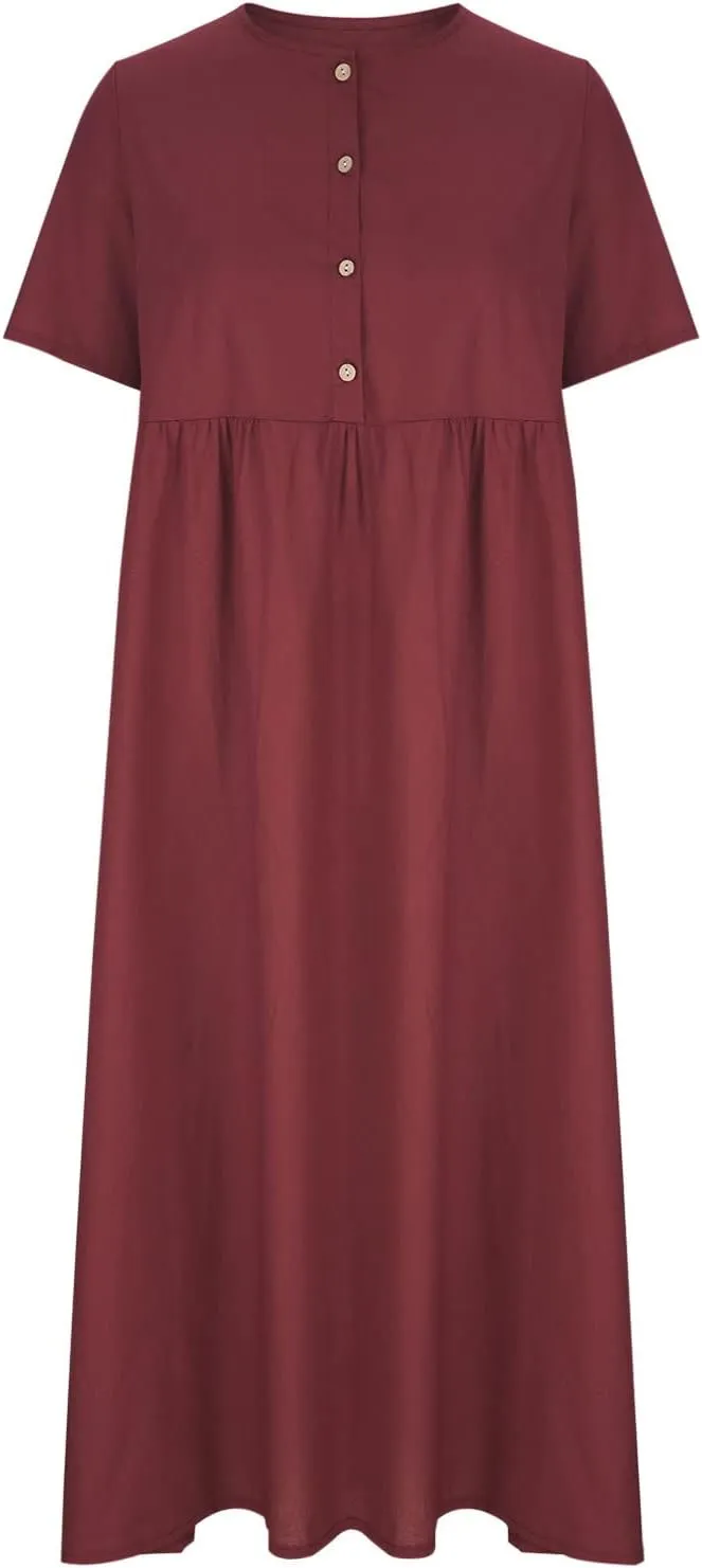 Women's Plus Size Cotton Linen Dress Summer Crewneck Button Up Short Sleeve Midi Dresses Solid Loose Beach Sundress