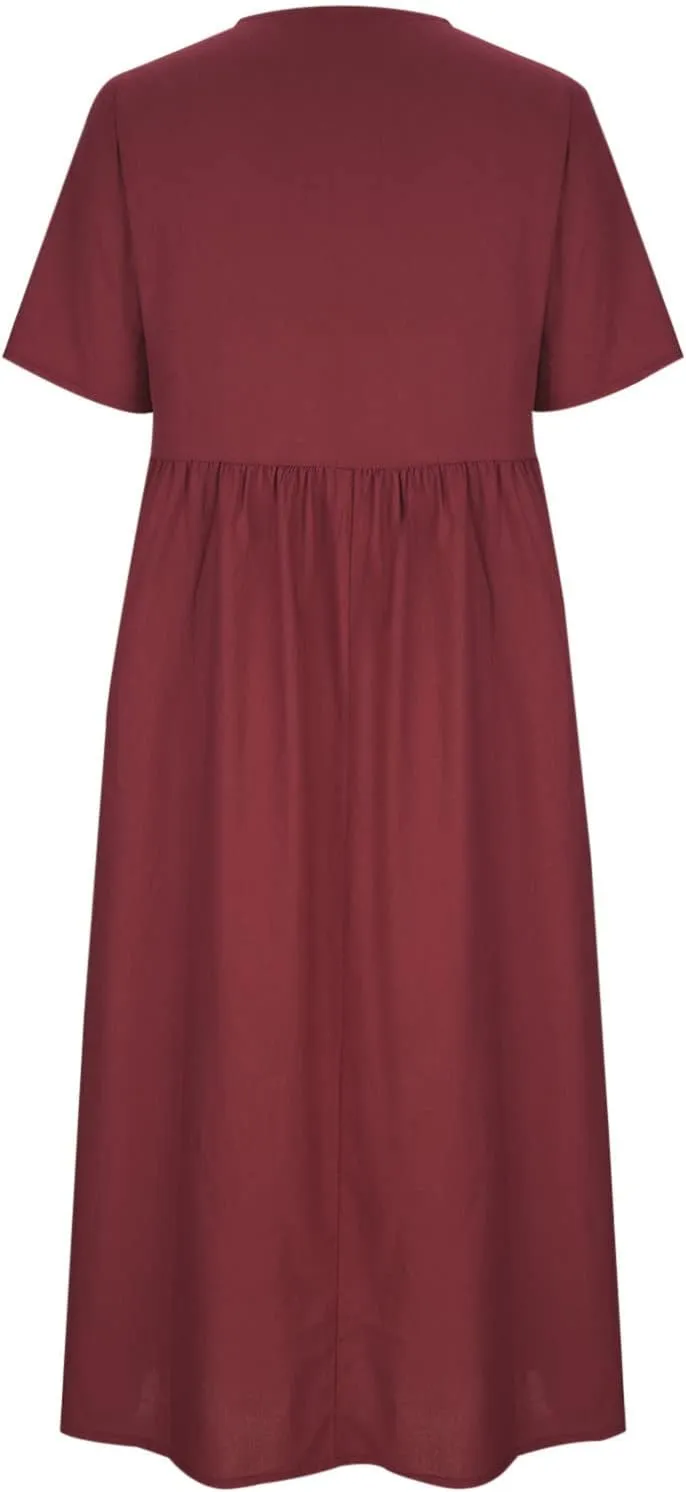 Women's Plus Size Cotton Linen Dress Summer Crewneck Button Up Short Sleeve Midi Dresses Solid Loose Beach Sundress