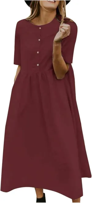 Women's Plus Size Cotton Linen Dress Summer Crewneck Button Up Short Sleeve Midi Dresses Solid Loose Beach Sundress