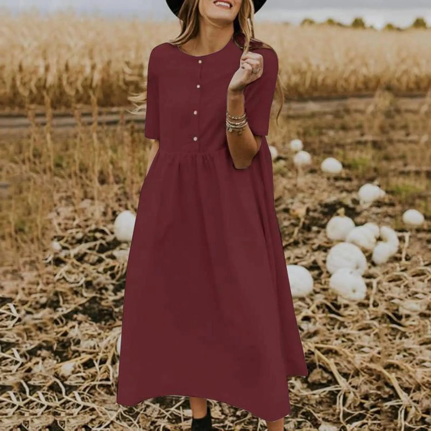 Women's Plus Size Cotton Linen Dress Summer Crewneck Button Up Short Sleeve Midi Dresses Solid Loose Beach Sundress