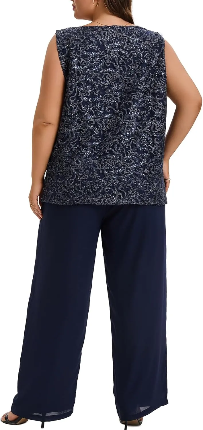 Women's Plus Size Mother of Bride Pant Suits 3 Piece Chiffon Elegant Sets Lace Wedding Guest Outfit