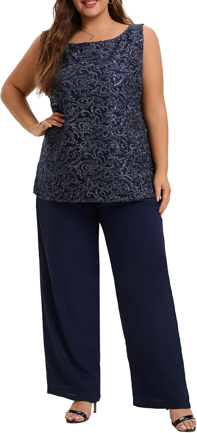 Women's Plus Size Mother of Bride Pant Suits 3 Piece Chiffon Elegant Sets Lace Wedding Guest Outfit