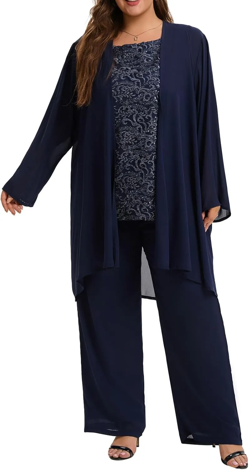 Women's Plus Size Mother of Bride Pant Suits 3 Piece Chiffon Elegant Sets Lace Wedding Guest Outfit